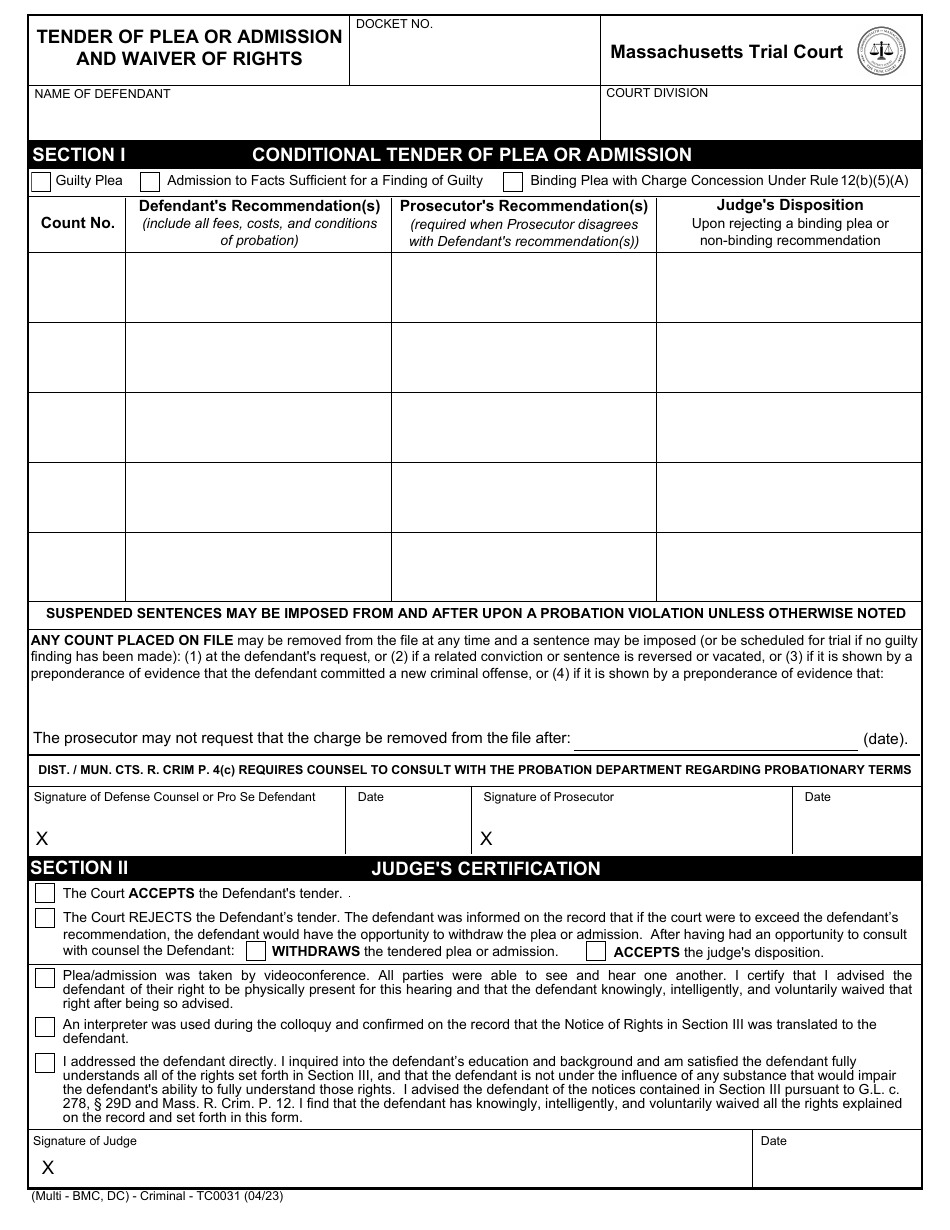 Form TC0031 Tender of Plea or Admission and Waiver of Rights - Massachusetts, Page 1