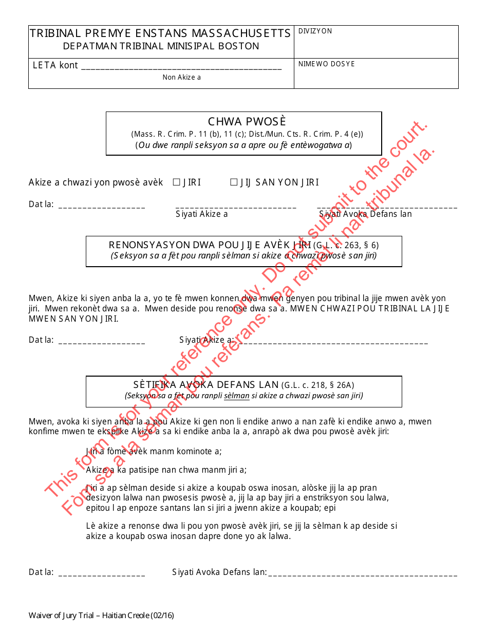 Waiver of Jury Trial - Massachusetts (Haitian Creole), Page 1