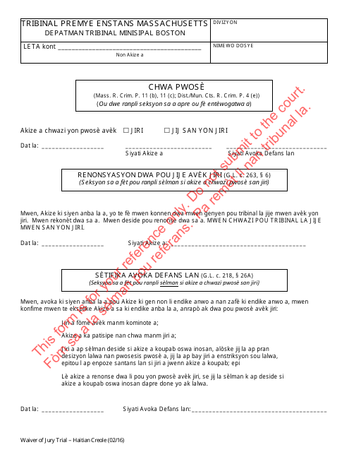Waiver of Jury Trial - Massachusetts (Haitian Creole) Download Pdf