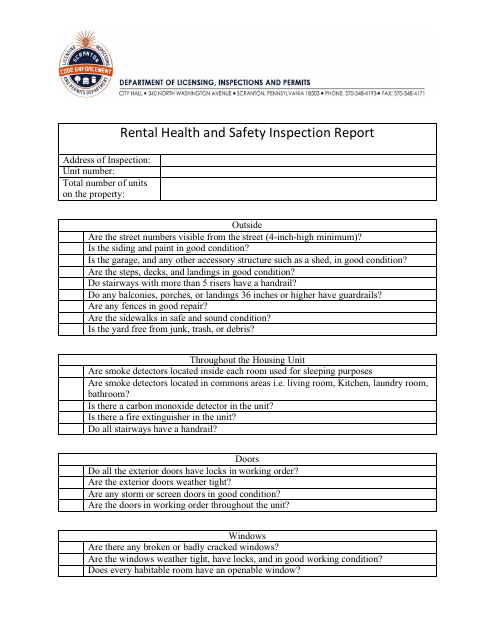Rental Health and Safety Inspection Report - City of Scranton, Pennsylvania Download Pdf