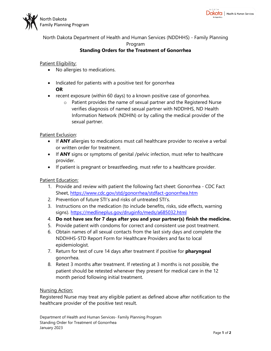 Standing Orders for the Treatment of Gonorrhea - North Dakota, Page 1
