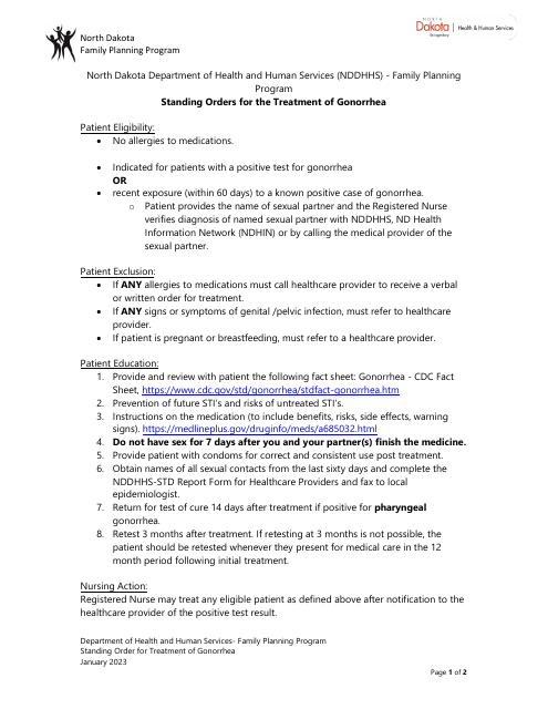 Standing Orders for the Treatment of Gonorrhea - North Dakota Download Pdf