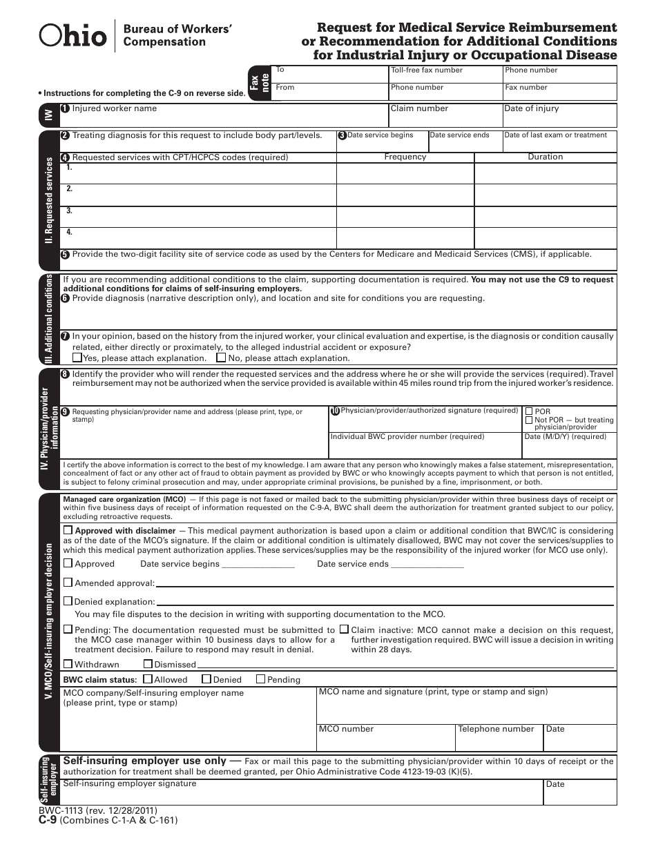 Form C-9 (BWC-1113) Request for Medical Service Reimbursement or Recommendation for Additional Conditions for Industrial Injury or Occupational Disease - Ohio, Page 2