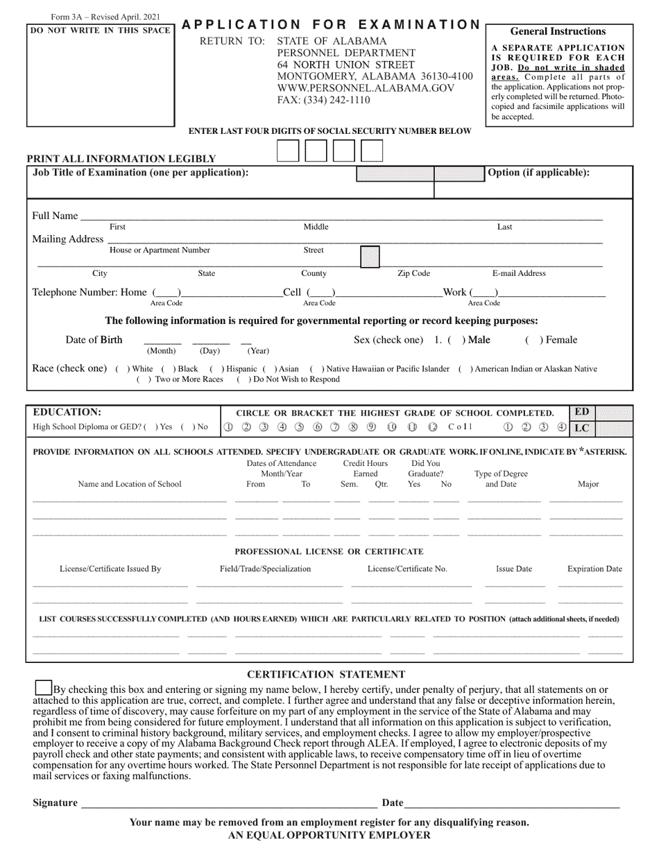 Form 3A Application for Examination - Alabama, Page 1