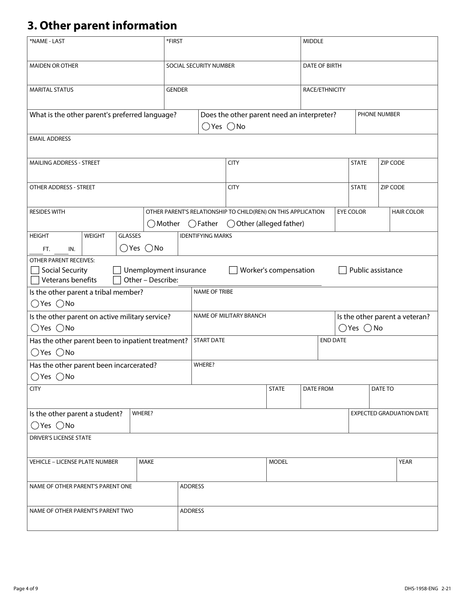 Form DHS-1958-ENG Application for Child Support Services - Minnesota, Page 4
