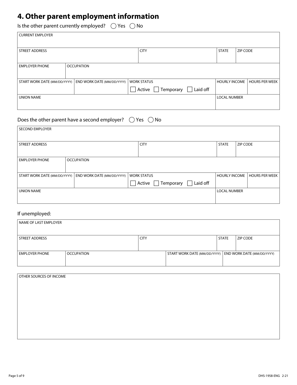 Form DHS-1958-ENG Application for Child Support Services - Minnesota, Page 5