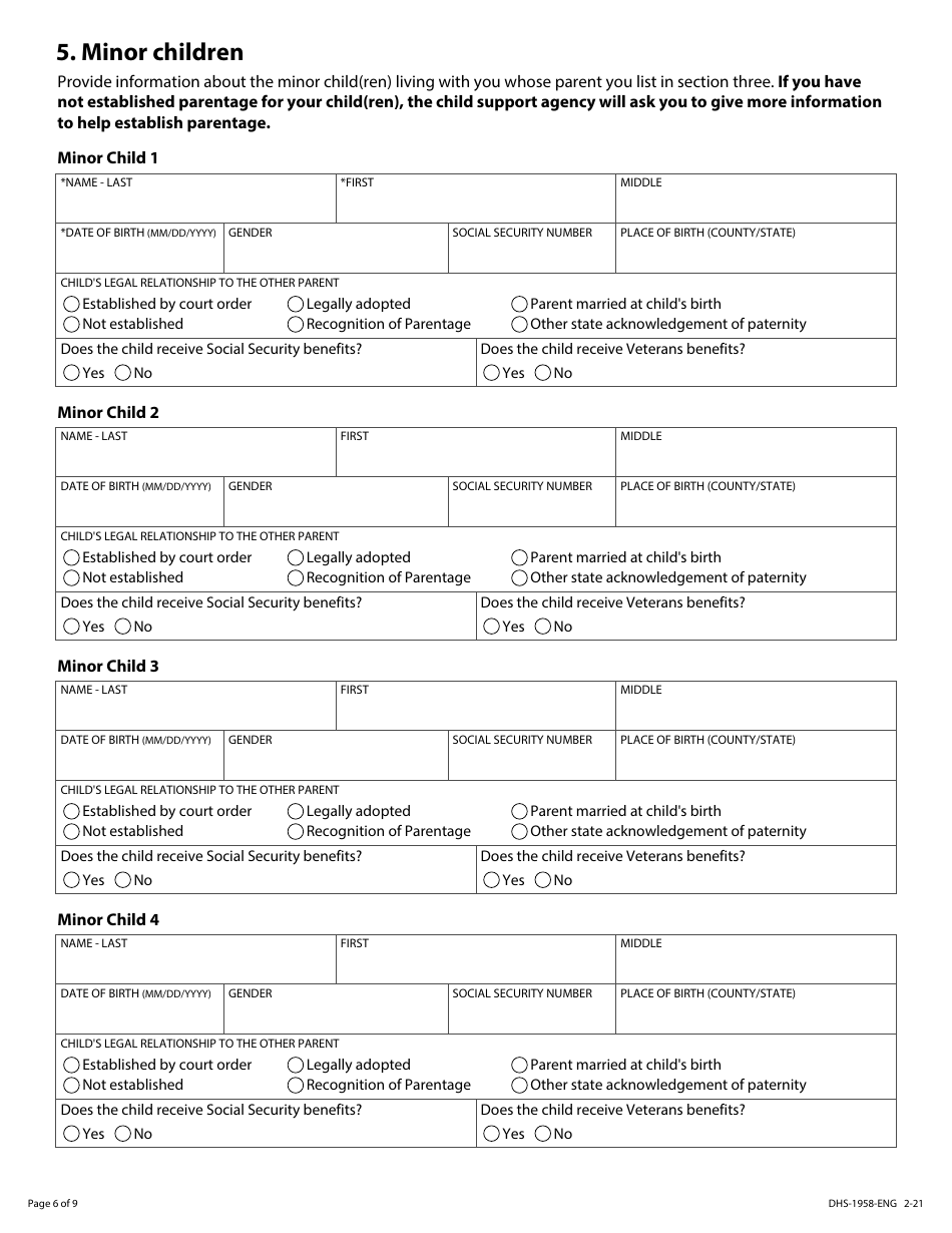 Form DHS-1958-ENG Application for Child Support Services - Minnesota, Page 6