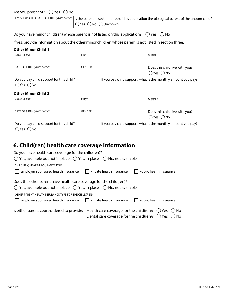 Form DHS-1958-ENG Application for Child Support Services - Minnesota, Page 7