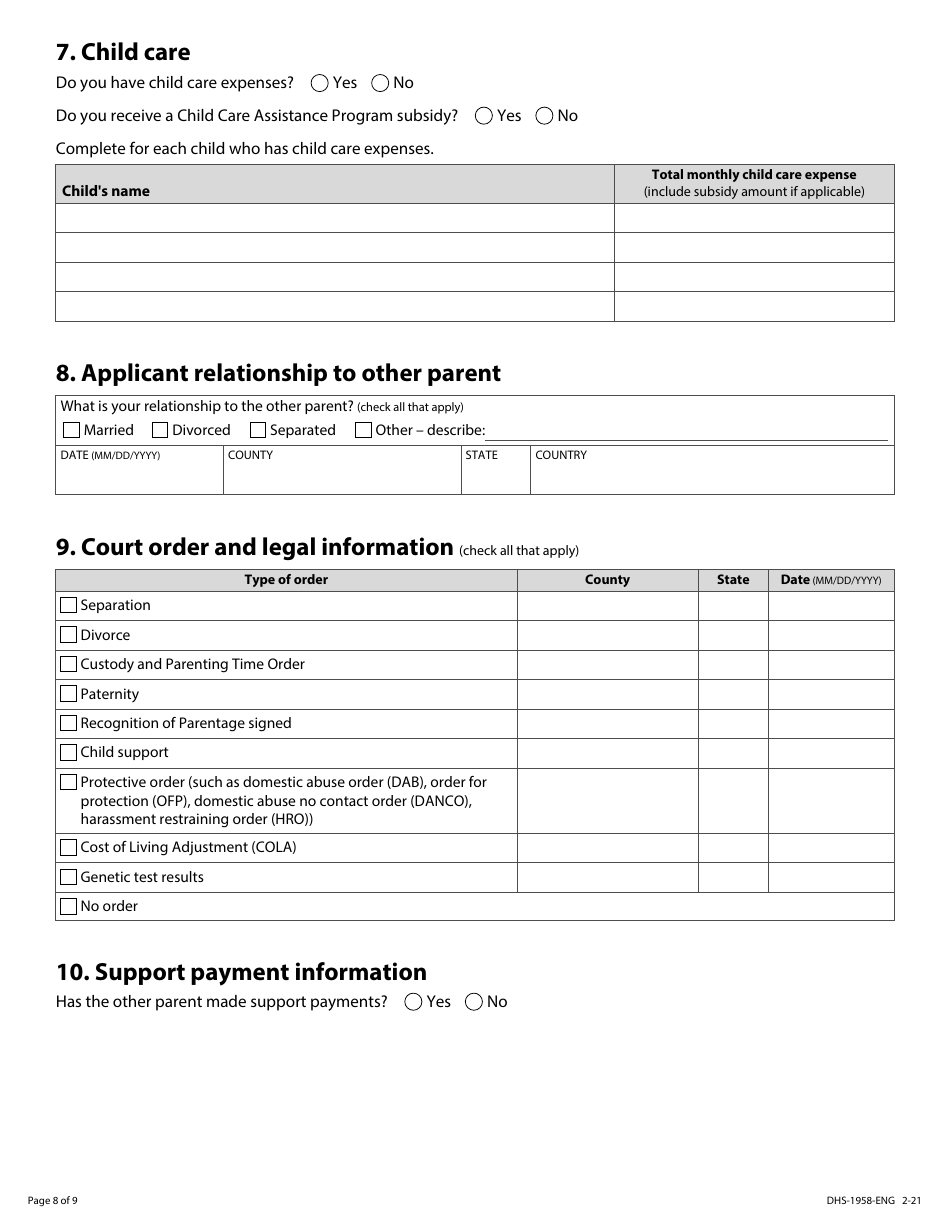 Form DHS-1958-ENG Application for Child Support Services - Minnesota, Page 8