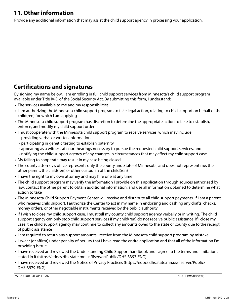 Form DHS-1958-ENG Application for Child Support Services - Minnesota, Page 9