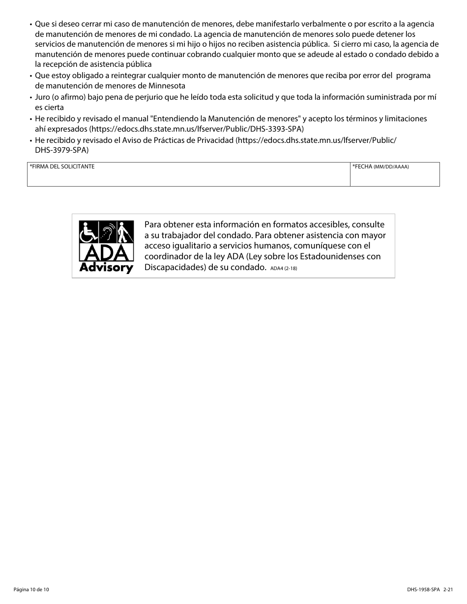 Formulario DHS-1958-SPA Solicitud De Servicios De Manutencion De Menores - Minnesota (Spanish), Page 10