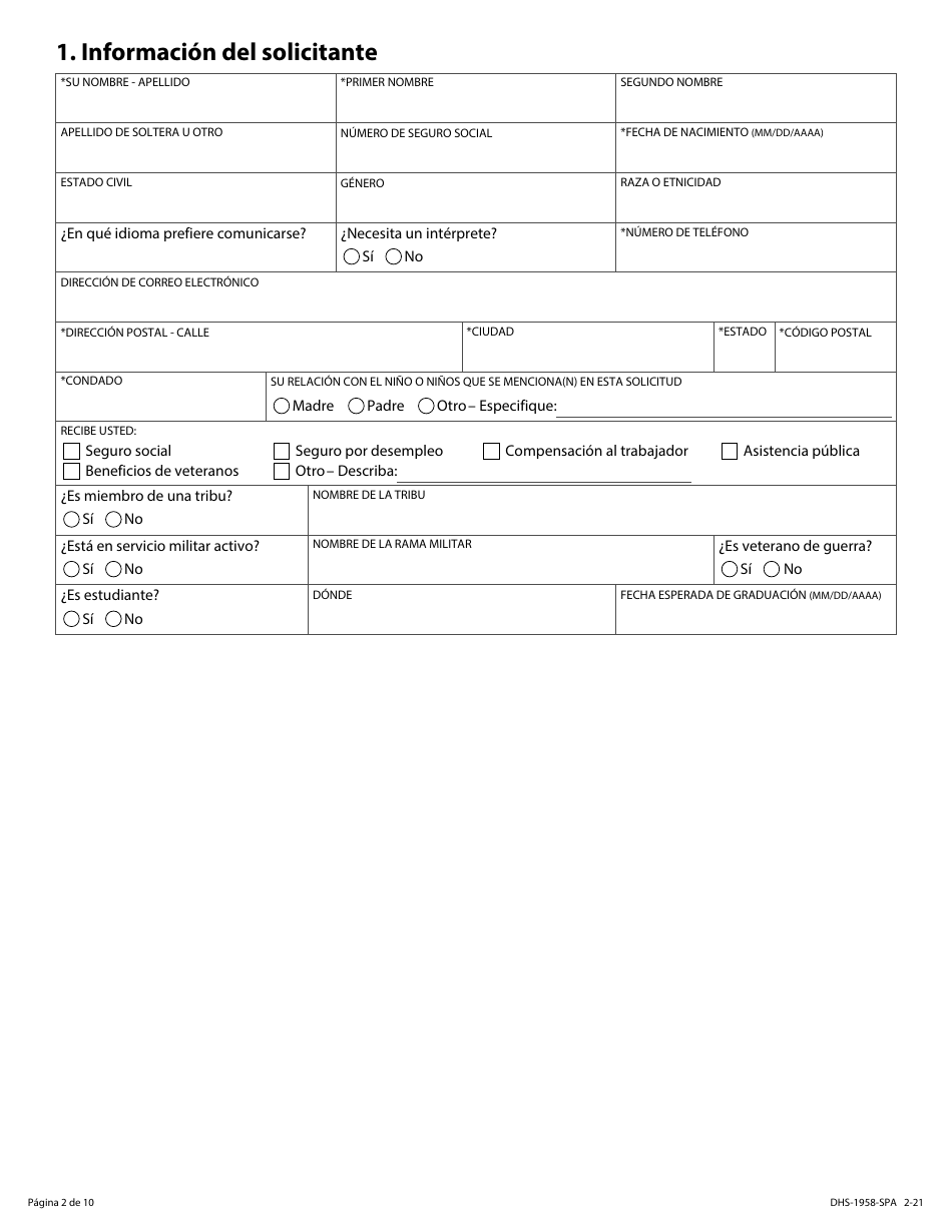 Formulario DHS-1958-SPA Solicitud De Servicios De Manutencion De Menores - Minnesota (Spanish), Page 2