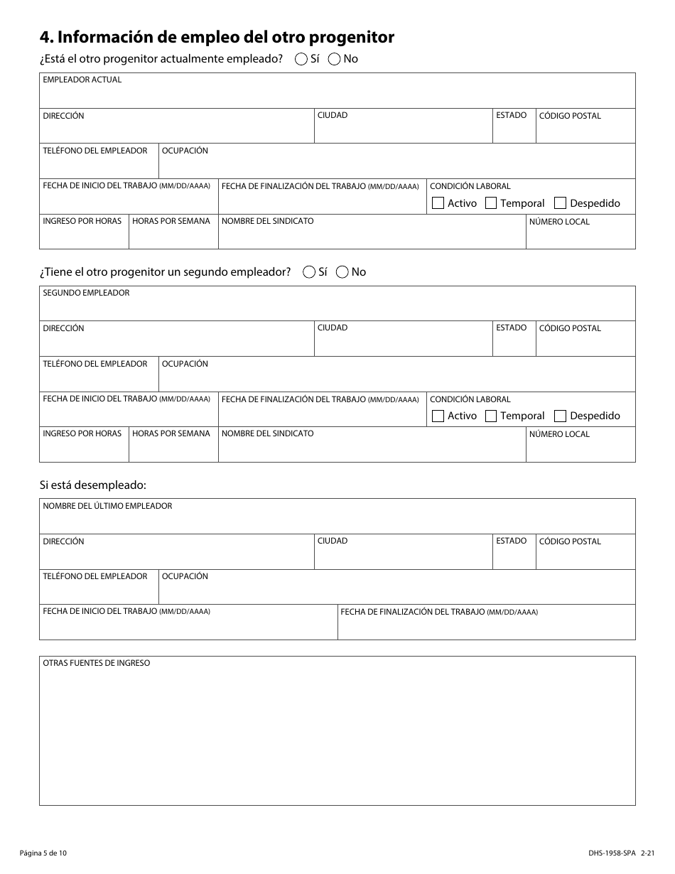 Formulario DHS-1958-SPA Solicitud De Servicios De Manutencion De Menores - Minnesota (Spanish), Page 5