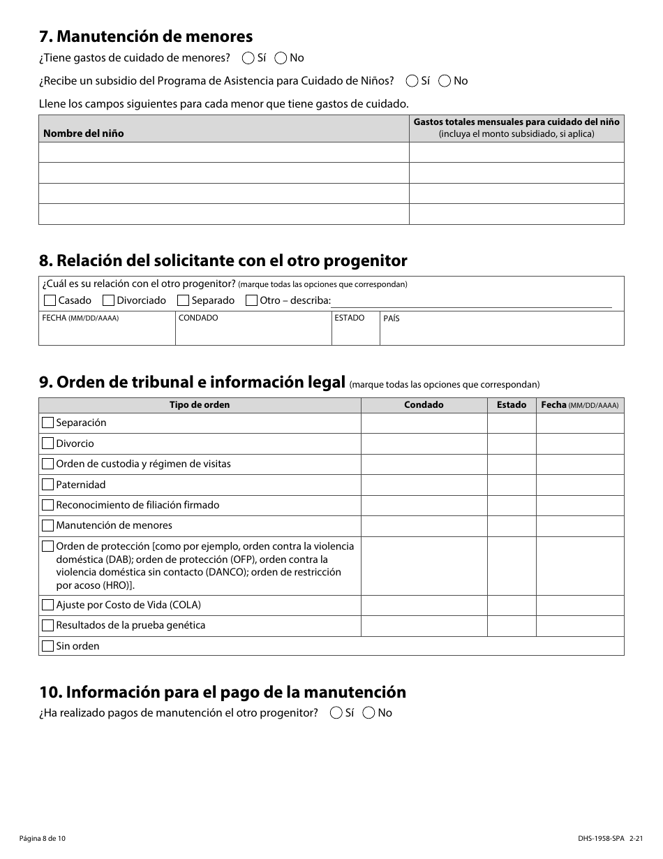 Formulario DHS-1958-SPA Solicitud De Servicios De Manutencion De Menores - Minnesota (Spanish), Page 8