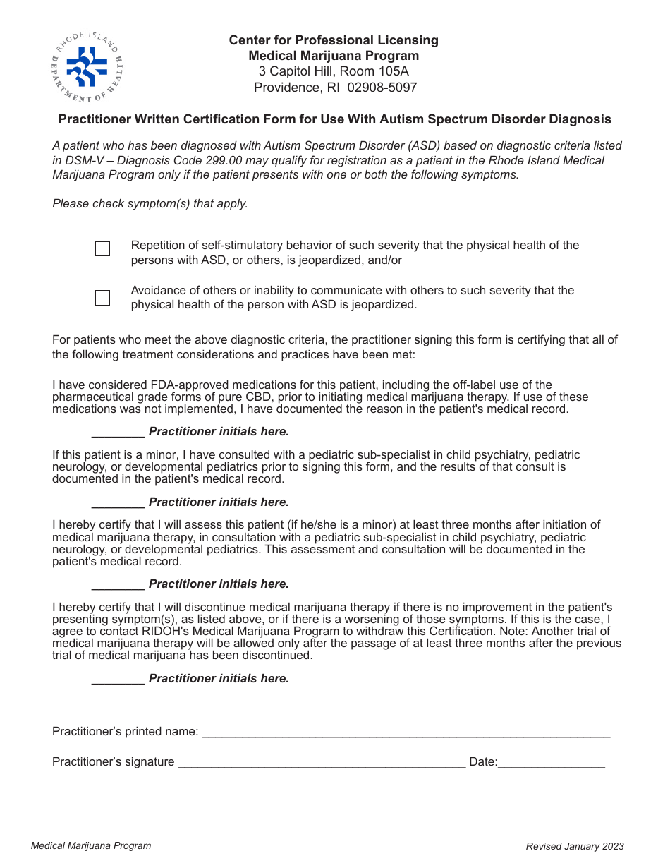 Practitioner Written Certification Form for Use With Autism Spectrum Disorder Diagnosis - Rhode Island, Page 1