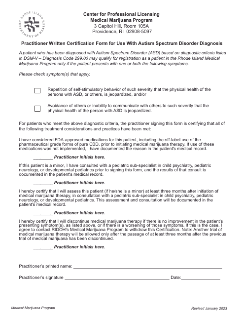 Practitioner Written Certification Form for Use With Autism Spectrum Disorder Diagnosis - Rhode Island Download Pdf