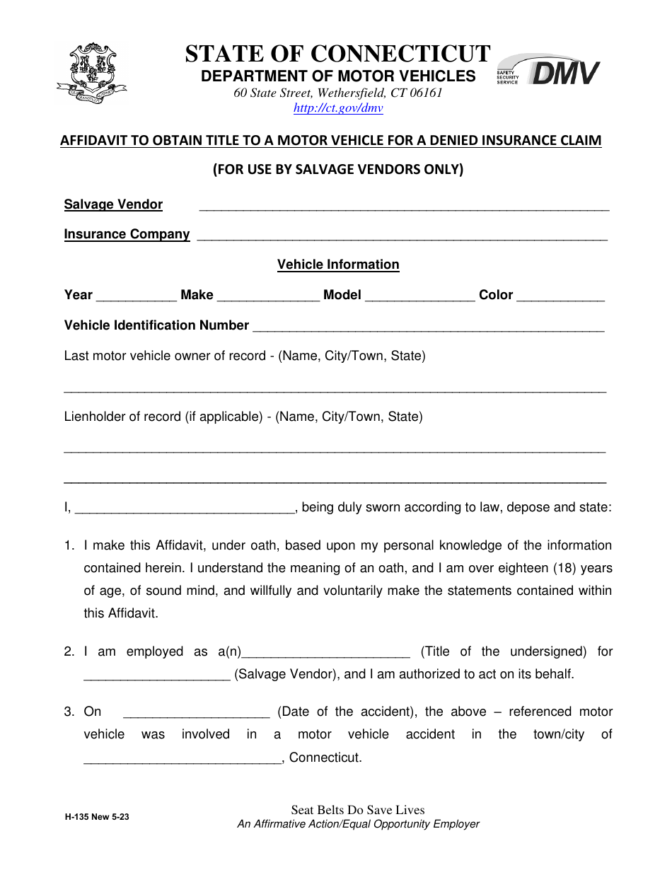 Form H-135 Affidavit to Obtain Title to a Motor Vehicle for a Denied Insurance Claim - Connecticut, Page 1