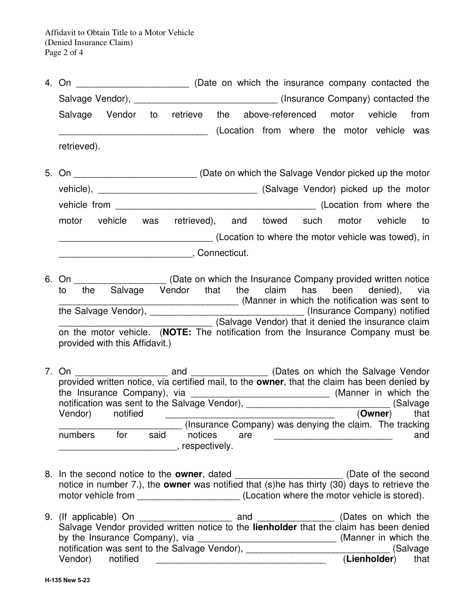 Form H-135 Affidavit to Obtain Title to a Motor Vehicle for a Denied Insurance Claim - Connecticut, Page 2