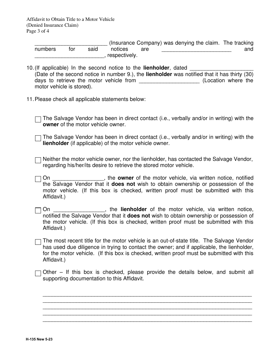 Form H-135 Affidavit to Obtain Title to a Motor Vehicle for a Denied Insurance Claim - Connecticut, Page 3