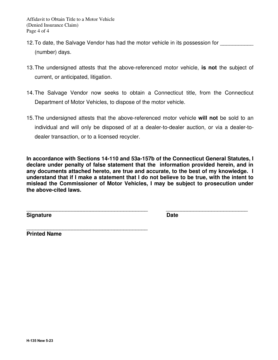 Form H-135 Affidavit to Obtain Title to a Motor Vehicle for a Denied Insurance Claim - Connecticut, Page 4