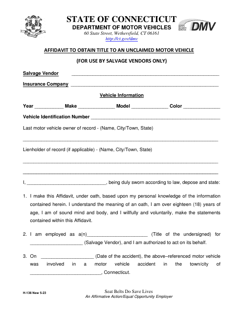 Form H-136 Affidavit to Obtain Title to an Unclaimed Motor Vehicle - Connecticut