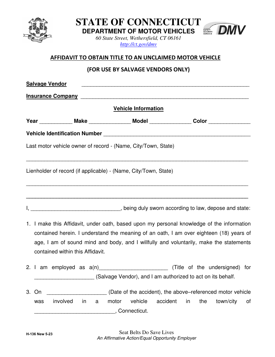 Form H-136 Affidavit to Obtain Title to an Unclaimed Motor Vehicle - Connecticut, Page 1