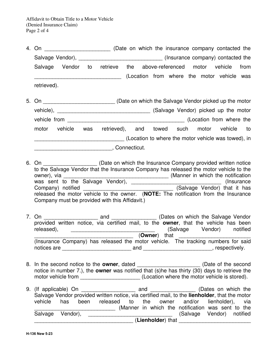 Form H-136 Affidavit to Obtain Title to an Unclaimed Motor Vehicle - Connecticut, Page 2