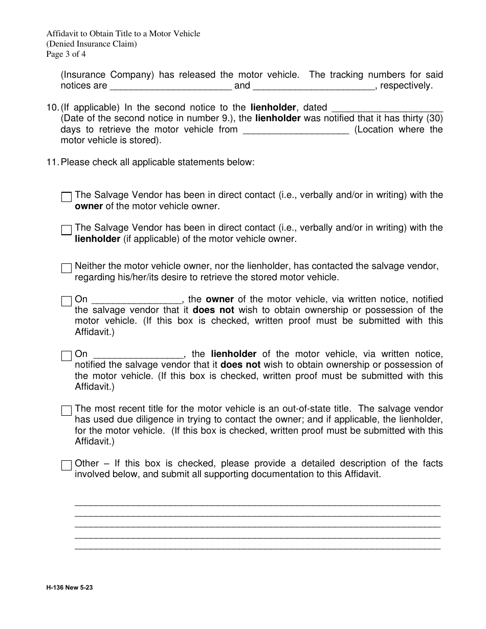 Form H-136 Affidavit to Obtain Title to an Unclaimed Motor Vehicle - Connecticut, Page 3