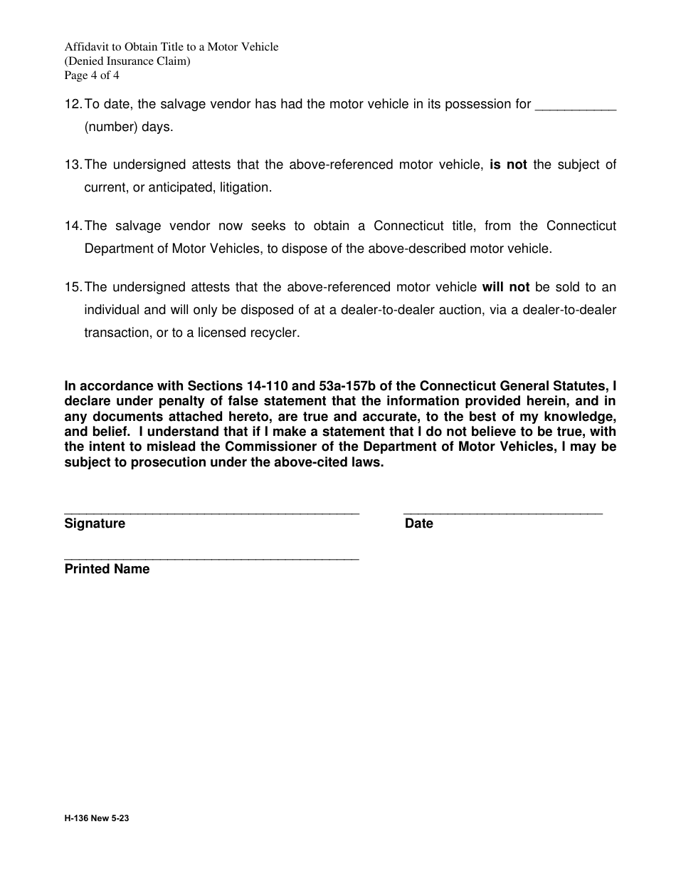 Form H-136 Affidavit to Obtain Title to an Unclaimed Motor Vehicle - Connecticut, Page 4