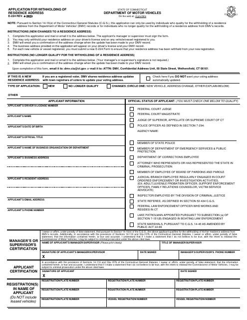 Form E-224 Application for Withholding of Residence Address - Connecticut