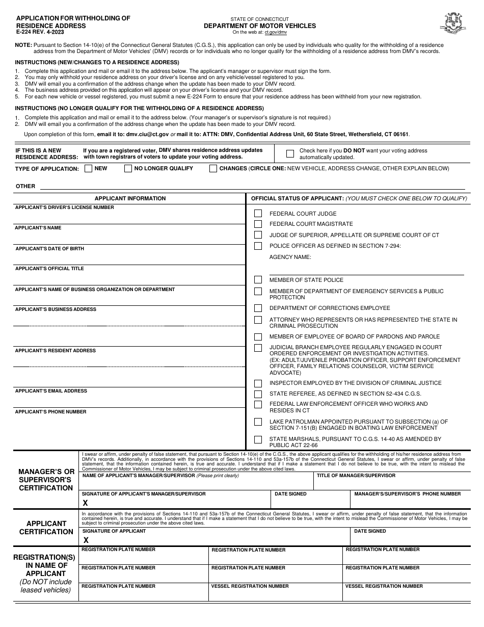 Form E-224 Download Fillable PDF or Fill Online Application for ...