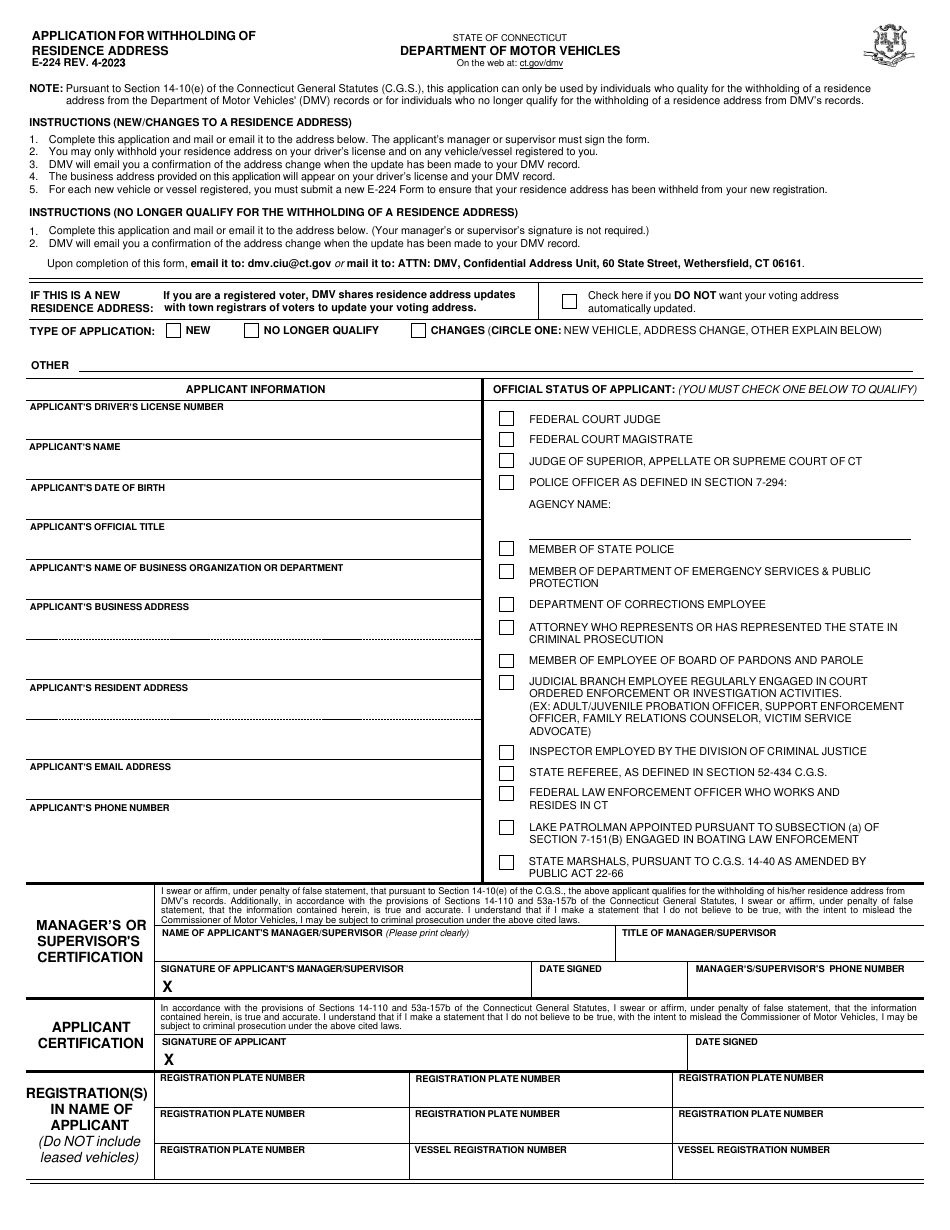 Form E-224 Application for Withholding of Residence Address - Connecticut, Page 1