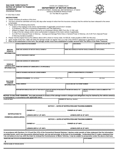 Form H-133U Salvage Yard Facility Notice of Intent to Transfer Ownership (Unclaimed Vehicle) - Connecticut