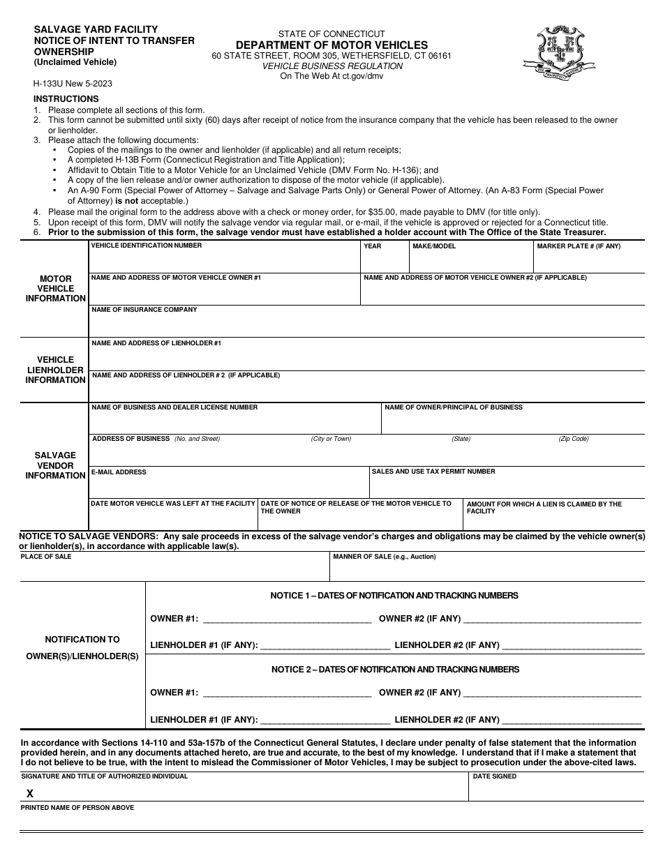 Form H-133U Salvage Yard Facility Notice of Intent to Transfer Ownership (Unclaimed Vehicle) - Connecticut, Page 1