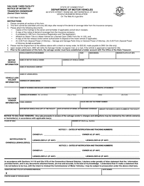Form H-133D Salvage Yard Facility Notice of Intent to Transfer Ownership (Denied Claim Vehicle) - Connecticut