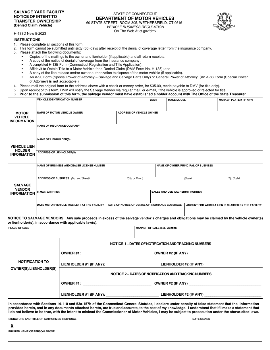 Form H-133D Salvage Yard Facility Notice of Intent to Transfer Ownership (Denied Claim Vehicle) - Connecticut, Page 1