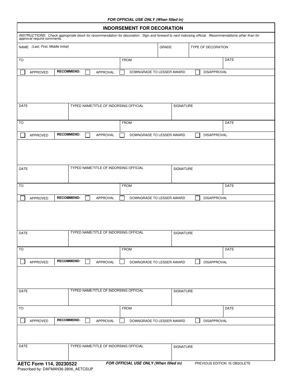 AETC Form 114 Indorsement for Decoration, Page 1