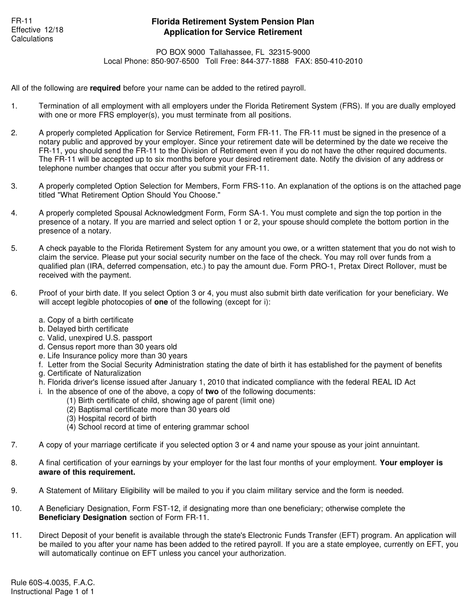 Form FR-11 Application for Service Retirement - Florida, Page 1