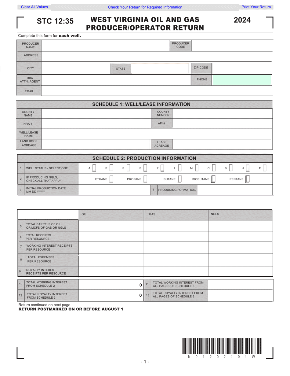 Form STC12:35 West Virginia Oil and Gas Producer / Operator Return - West Virginia, Page 1