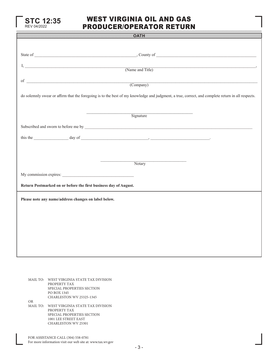 Form STC12:35 Download Fillable PDF or Fill Online West Virginia Oil ...