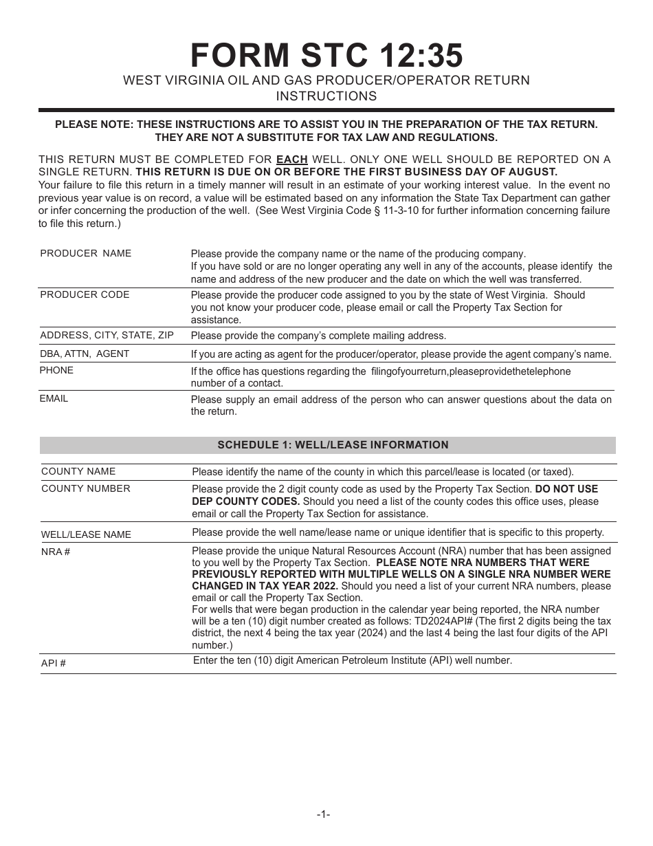 Instructions for Form STC12:35 West Virginia Oil and Gas Producer / Operator Return - West Virginia, Page 1