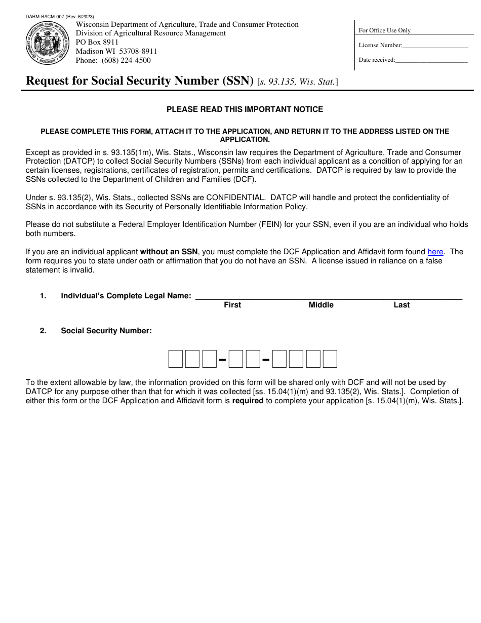 Form DARM-BACM-007 Request for Social Security Number (Ssn) - Wisconsin, Page 1