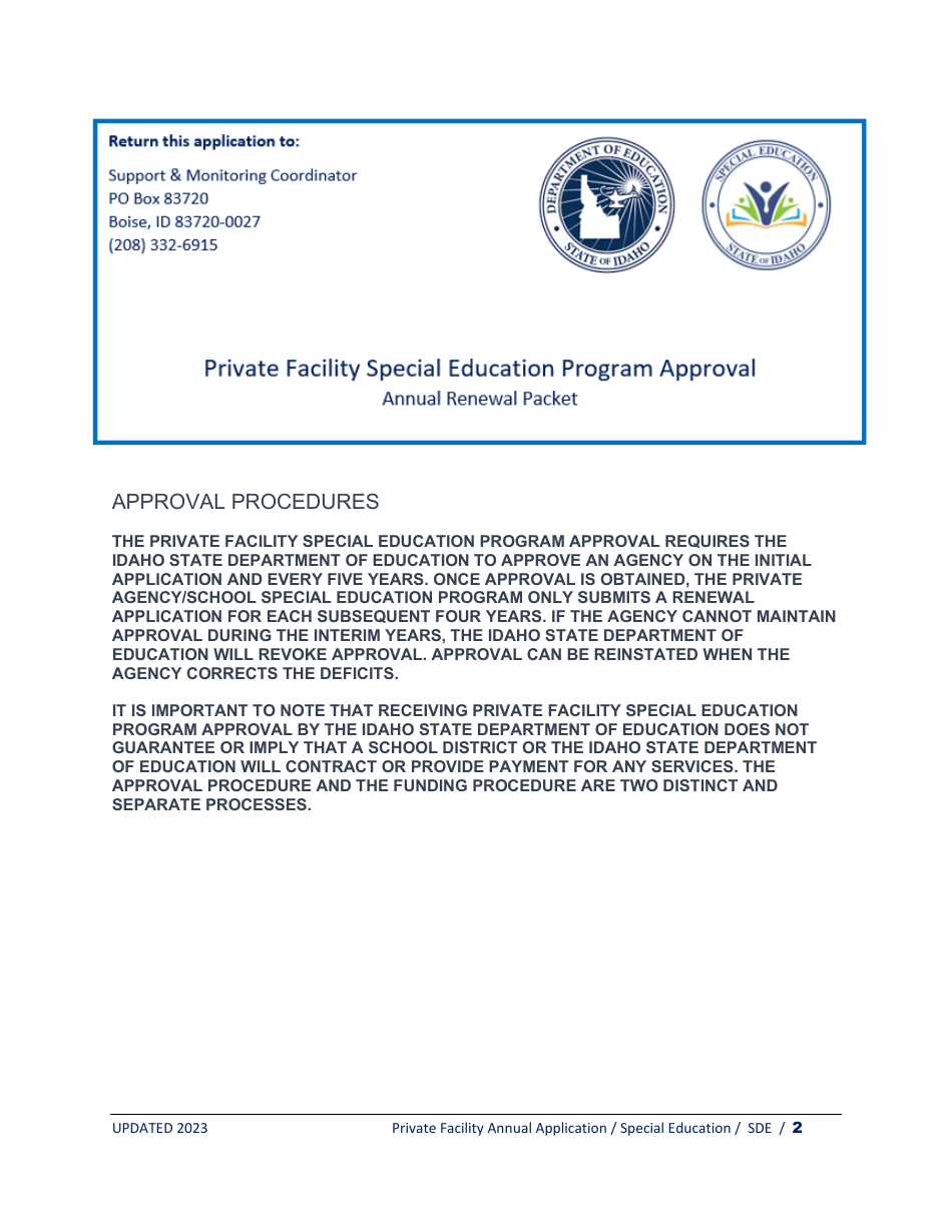 Private Facility Special Education Program Approval - Annual Renewal - Idaho, Page 2