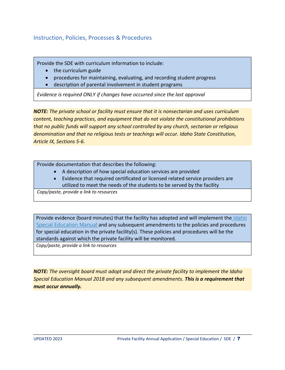 Private Facility Special Education Program Approval - Annual Renewal - Idaho, Page 7