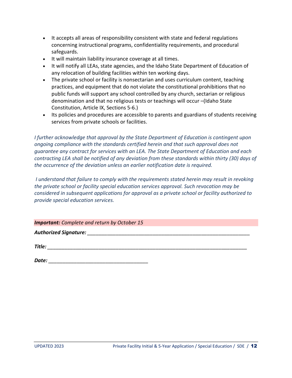Private Facility Special Education Program Approval - Initial Application  5-year Renewal - Idaho, Page 12