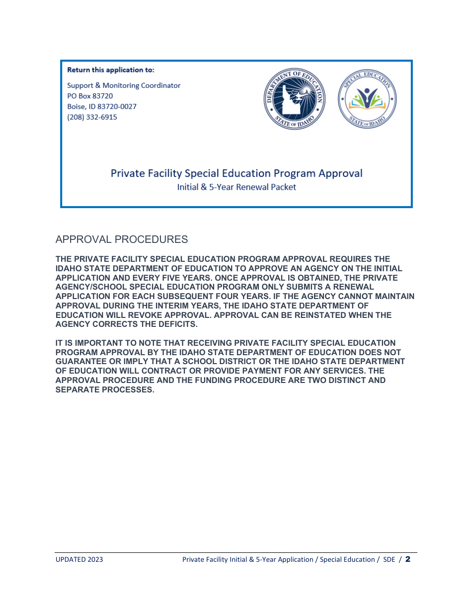 Private Facility Special Education Program Approval - Initial Application  5-year Renewal - Idaho, Page 2