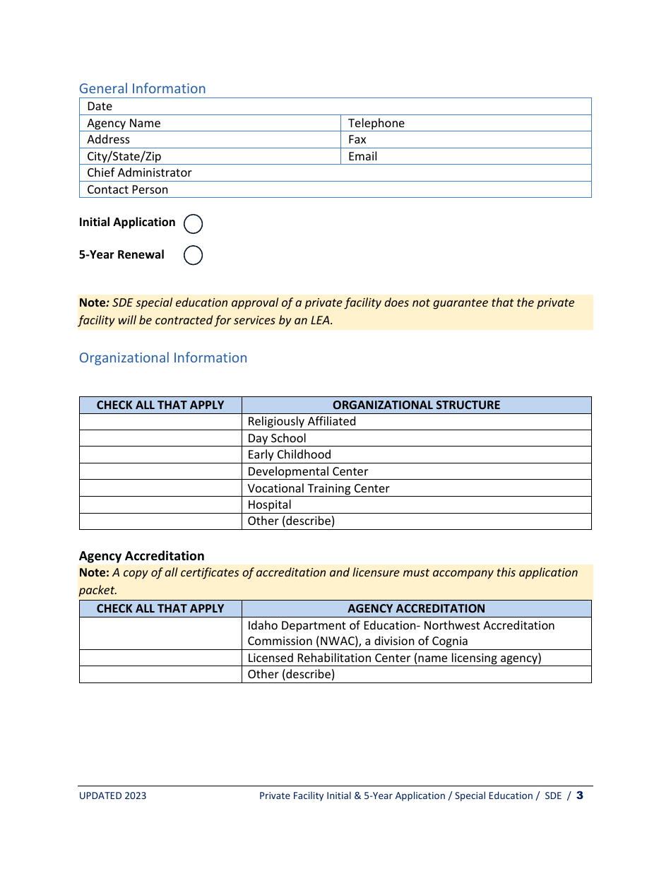 Private Facility Special Education Program Approval - Initial Application  5-year Renewal - Idaho, Page 3