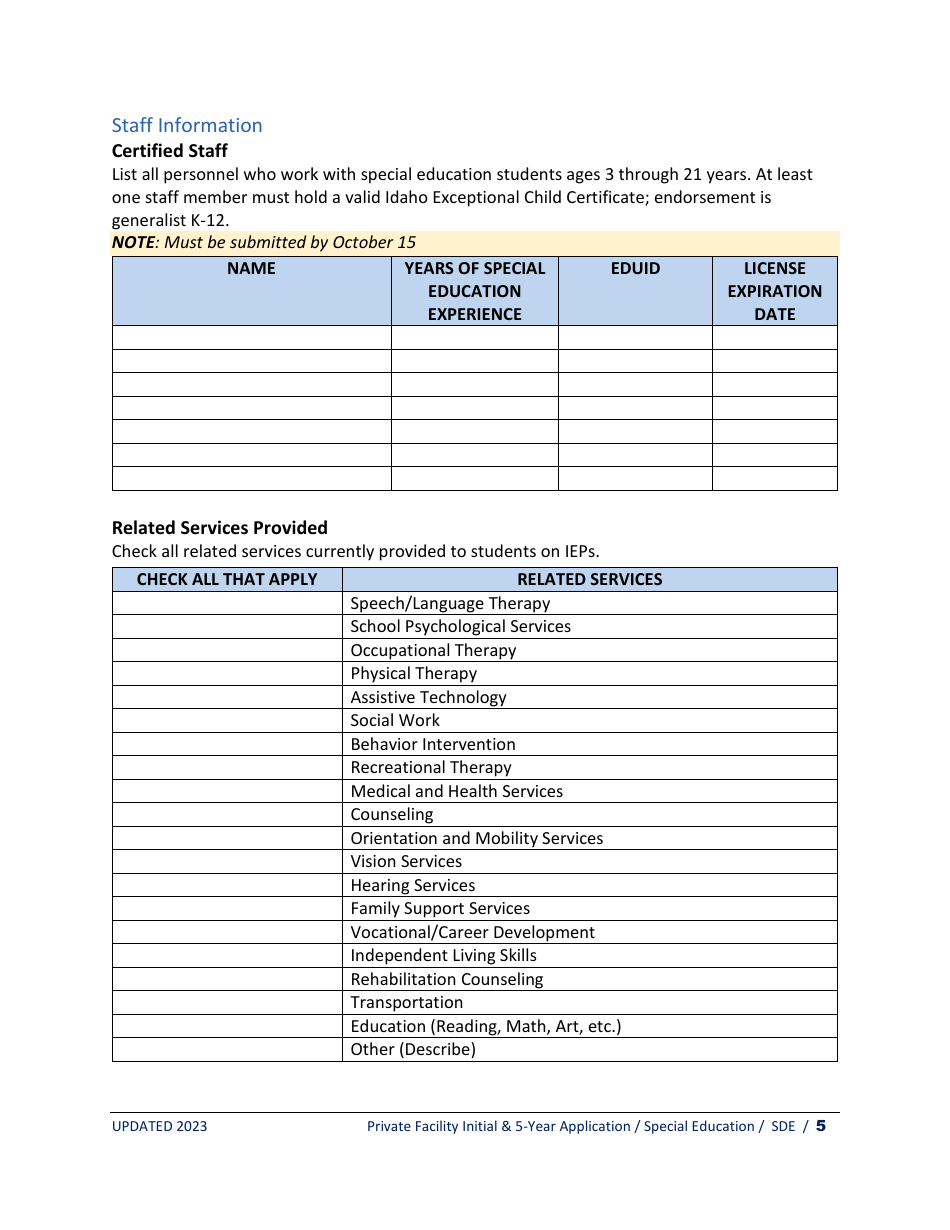 Private Facility Special Education Program Approval - Initial Application  5-year Renewal - Idaho, Page 5