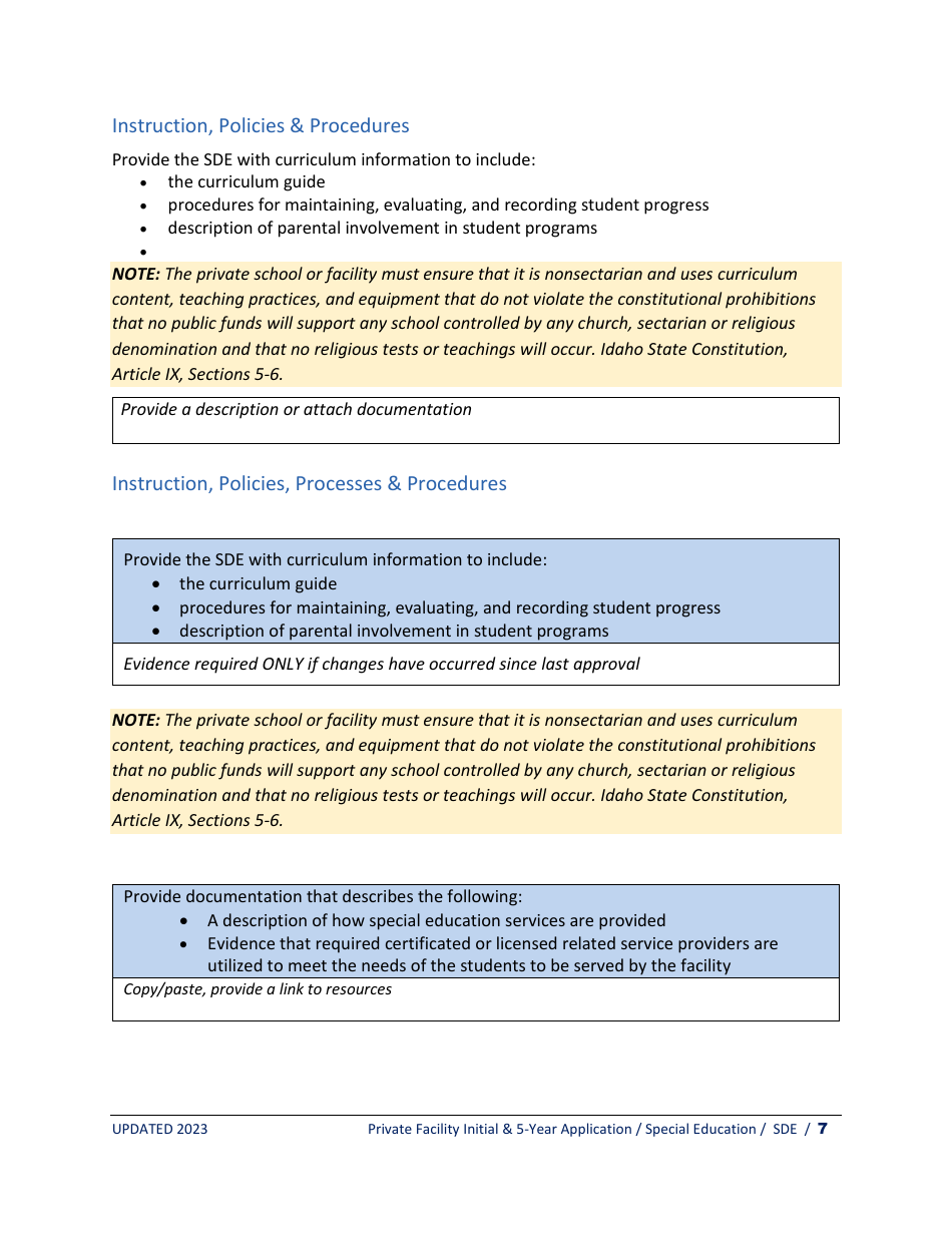 Private Facility Special Education Program Approval - Initial Application  5-year Renewal - Idaho, Page 7