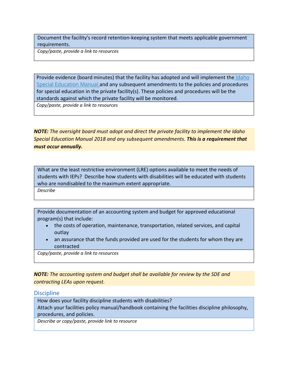 Private Facility Special Education Program Approval - Initial Application  5-year Renewal - Idaho, Page 8